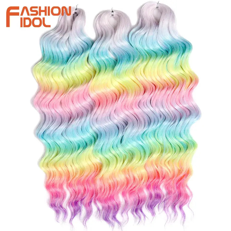 Anna Hair synthetic loose deep wave braid extensions, rainbow ombre, 24in, 3 bundles, by Fashion Idol