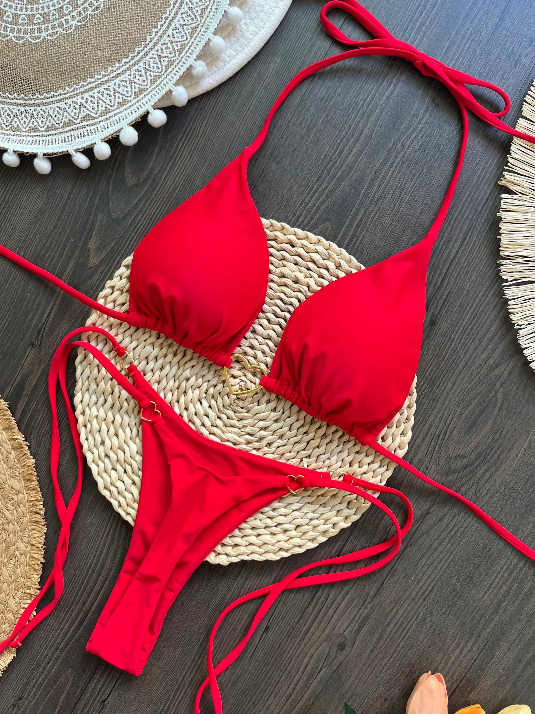 RUOTONSEPT red halter bikini set; two-piece triangle string swimwear on a woven straw bag by Simples Market