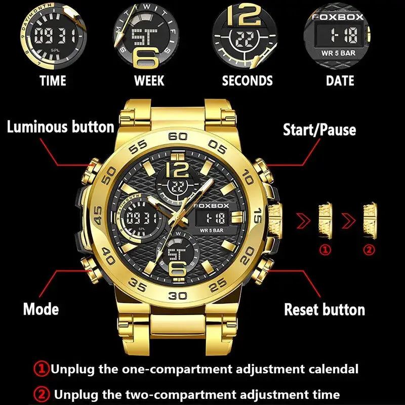 FOXBOX men's gold-tone luxury sport chronograph watch with digital displays and date, water resistant 5 BAR