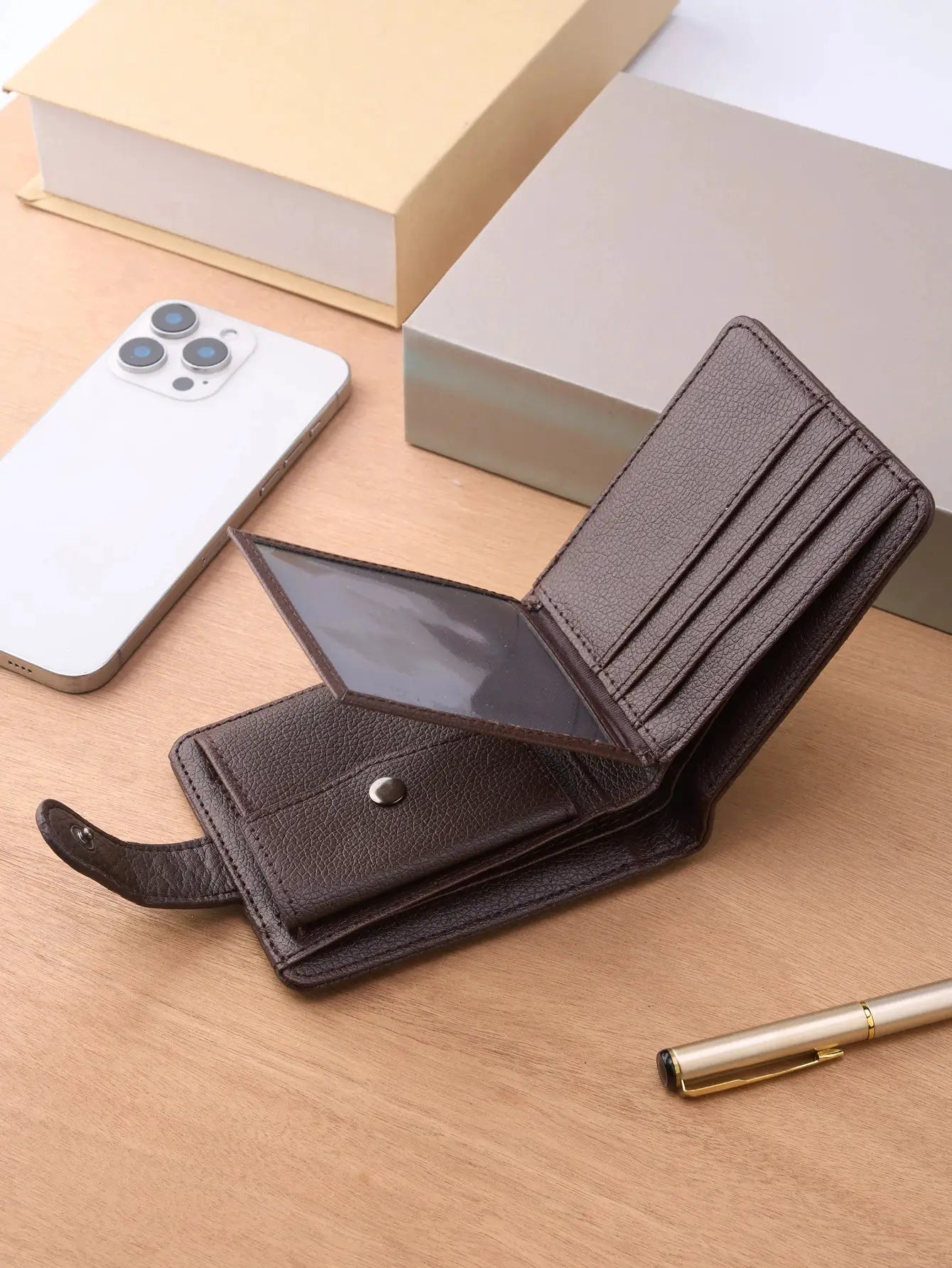 Men's brown leather wallet with multiple card slots and clear ID window by Simples Market