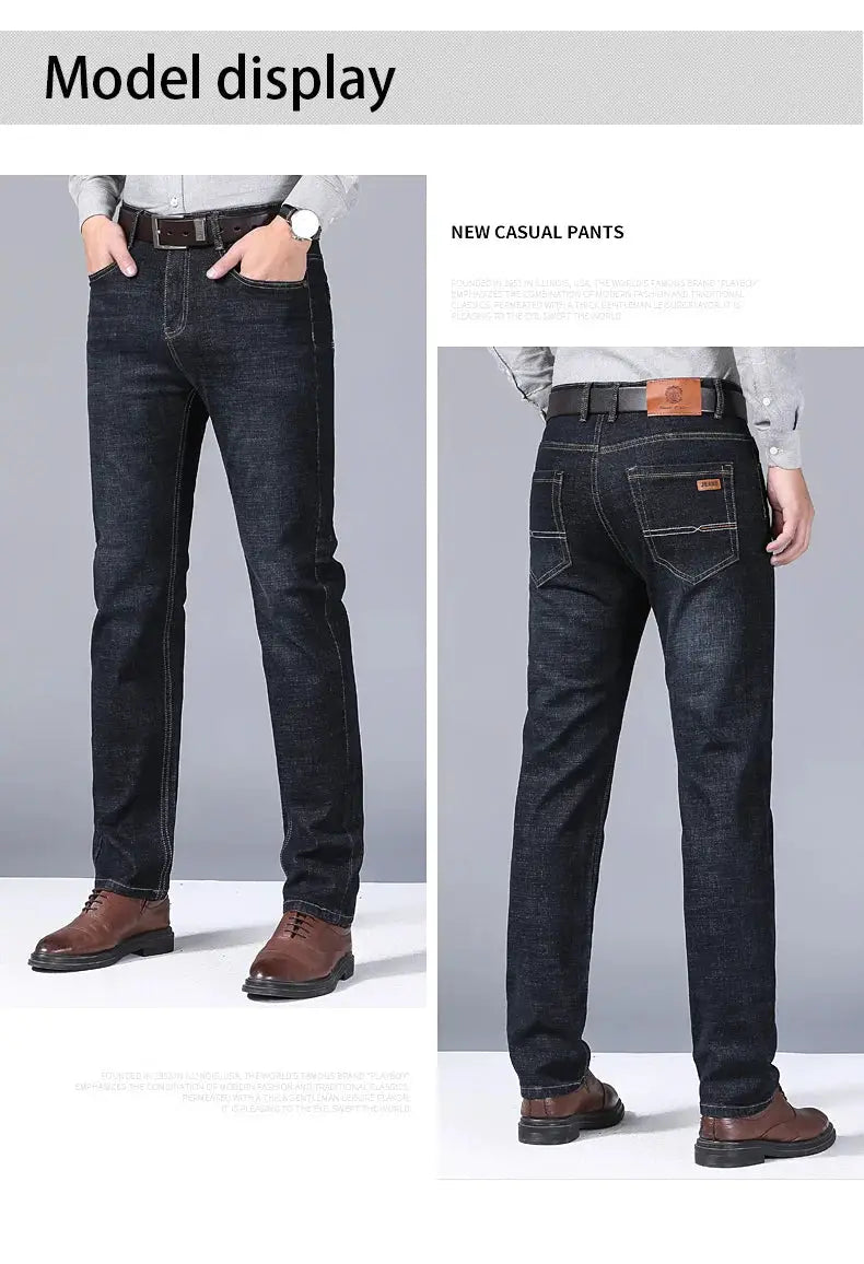 Men's dark-wash denim jeans with contrast stitching and leather patch, shown from front and back