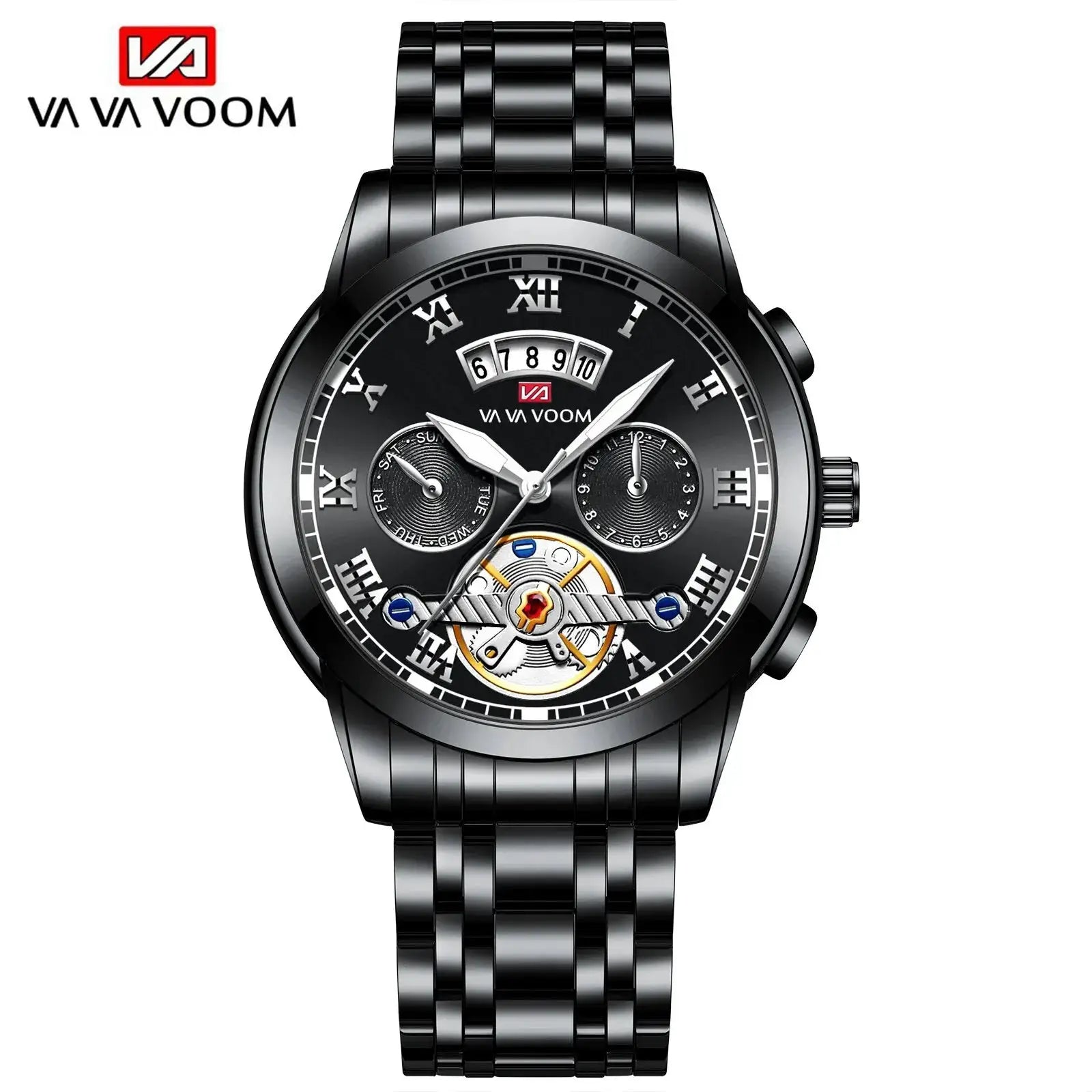 Men's black stainless steel watch with VA VA VOOM logo, Roman numerals, skeleton dial, multiple subdials