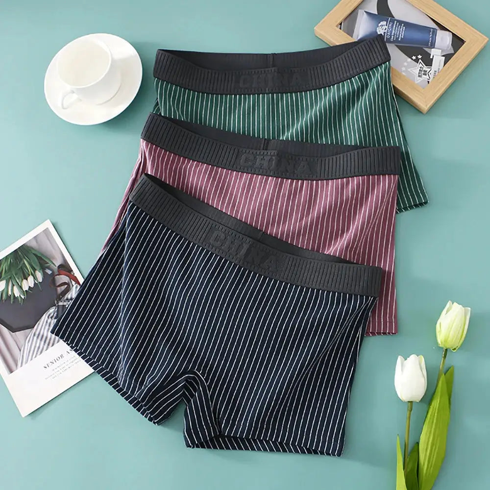 3-pack Simples Market cotton striped women's boyshorts; mid-rise, breathable, green, mauve, navy.