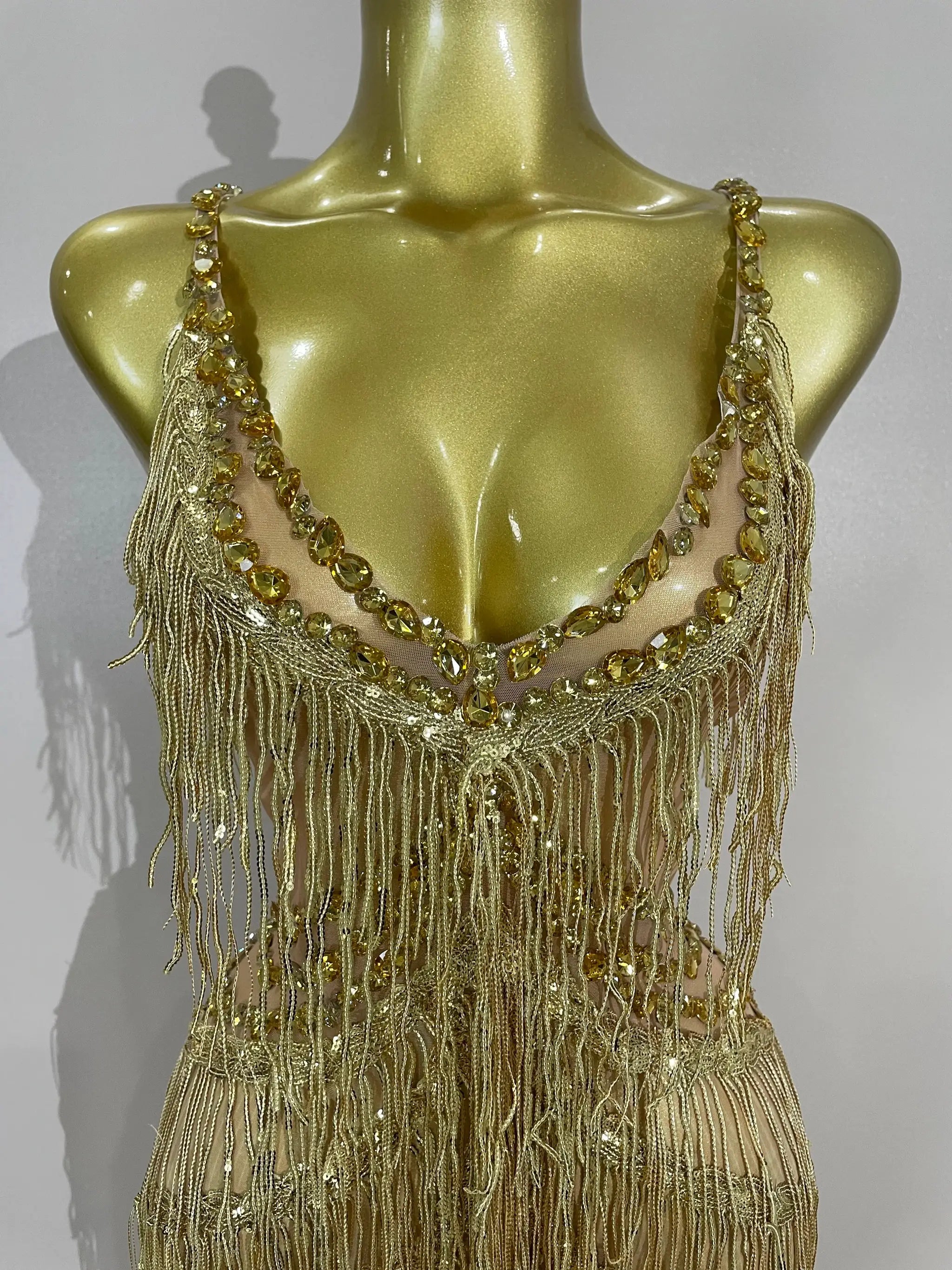 Sequined fringe jumpsuit with gold rhinestones for stage performances by Simples Market