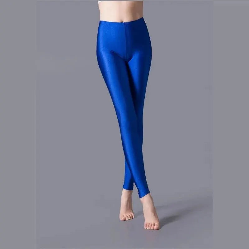 High-elastic skinny leggings for women, blue shiny full-length yoga pants