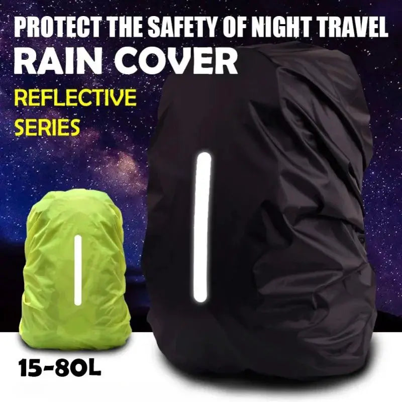 Reflective waterproof backpack rain cover displayed in black and green colors highlighting safety features for night travel.