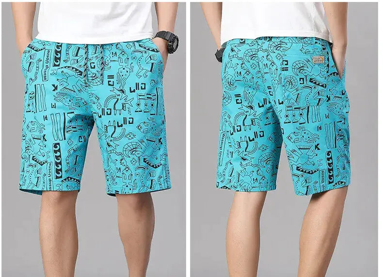 Men's turquoise printed 100% cotton shorts with elastic waist, relaxed-fit beach casual shorts.