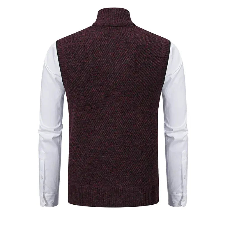 Men's burgundy knitted sleeveless vest with stand collar