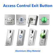 Eight-piece zinc alloy exit button switch set for access control; silver metal plates with blue/green LED rings