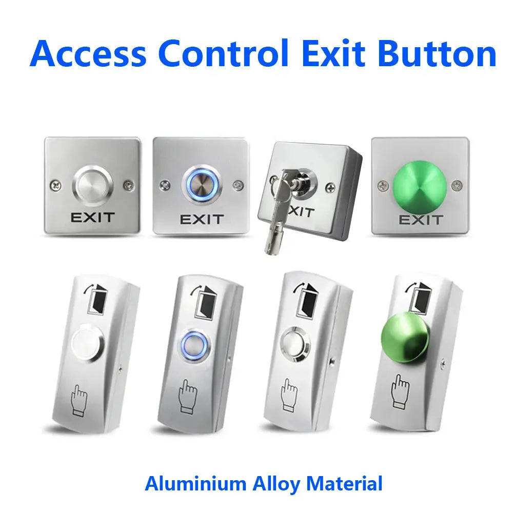 Eight-piece zinc alloy exit button switch set for access control; silver metal plates with blue/green LED rings