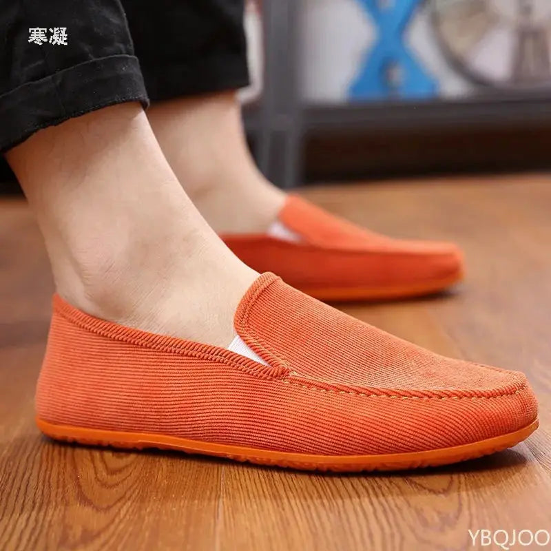 Men's orange fabric loafers by Simples Market, slip-on driving shoes for summer