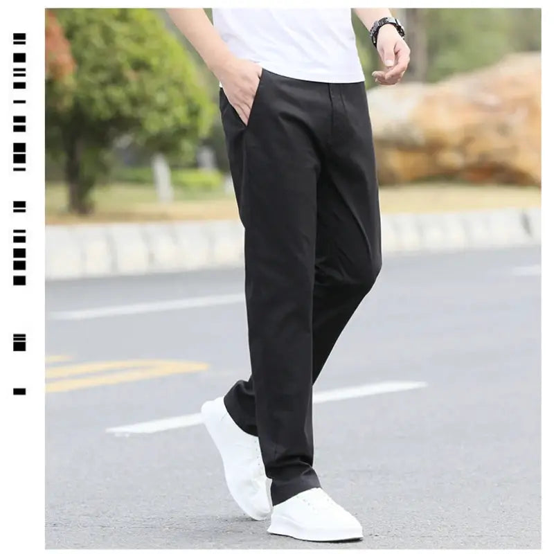 Men's cotton chinos by Simples Market; black breathable straight trousers with side pockets.
