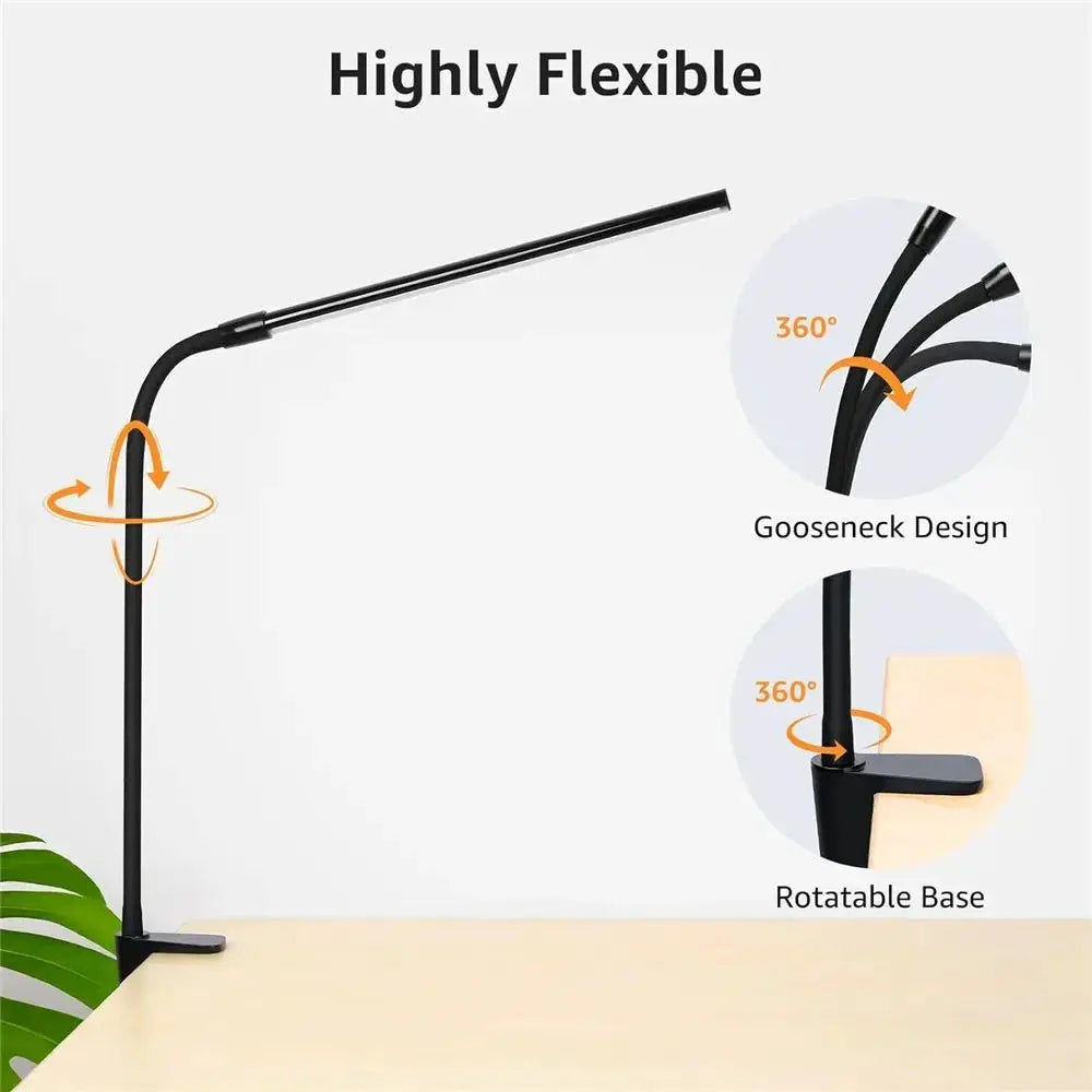 Simples Market LED desk lamp with black gooseneck, eye-care, rotatable base, stepless dimmable