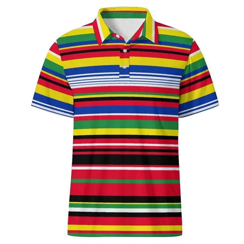 Men's polo shirt with bold multicolor horizontal stripes and polo collar, short sleeves.
