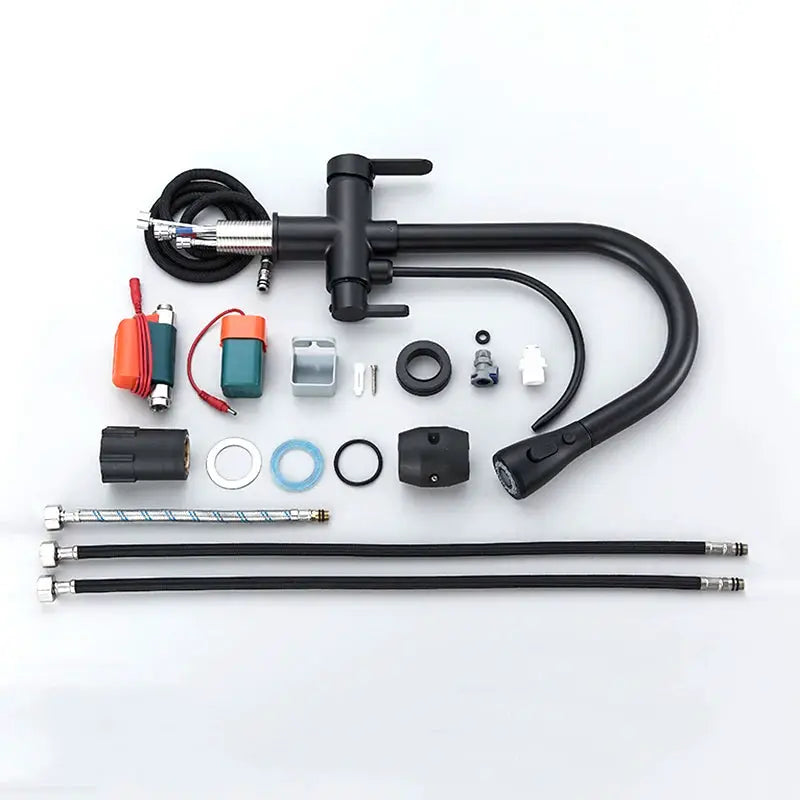Onyzpily black pull-out kitchen faucet with dual handles, deck-mounted, with hose, spray head, adapters and fittings