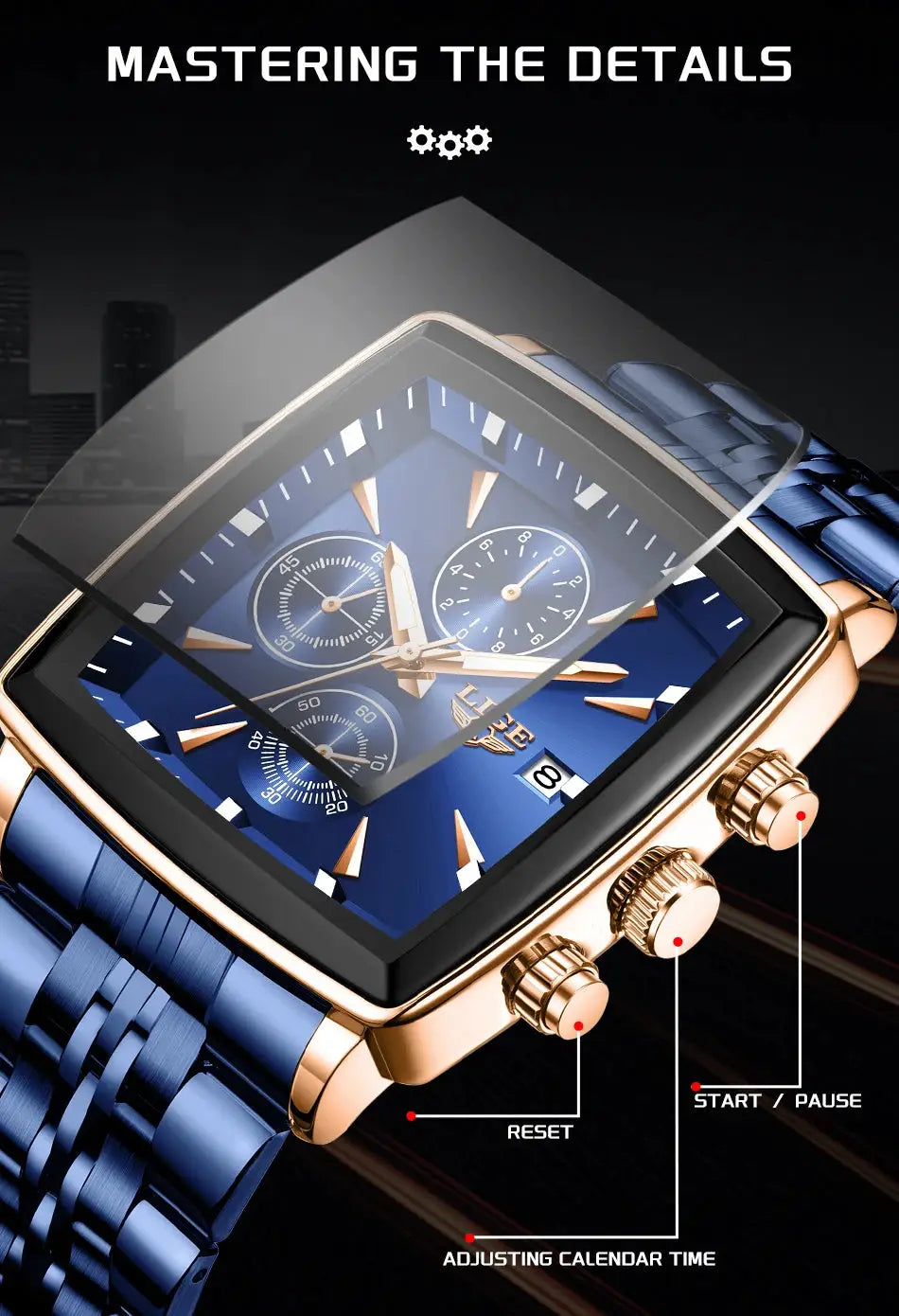 LIGE men's square blue wristwatch with stainless steel gold-tone case and chronograph dial