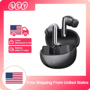QCY MeloBuds Pro wireless ANC earbuds with black charging case; branded QCY, US shipping icons shown.