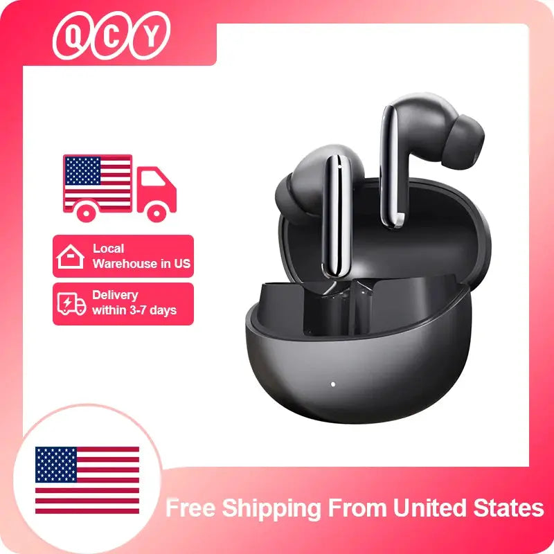 QCY MeloBuds Pro wireless ANC earbuds with black charging case; branded QCY, US shipping icons shown.