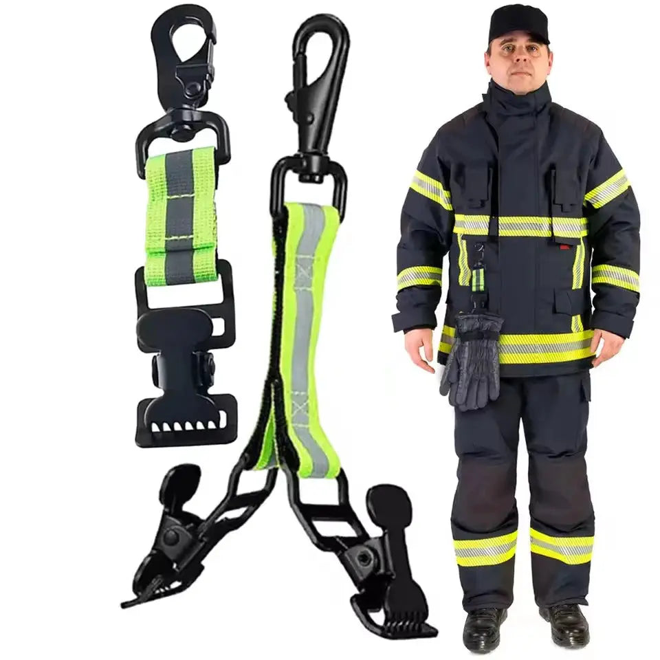 Simples Market portable firefighter glove strap kit with neon-green safety straps and metal clips