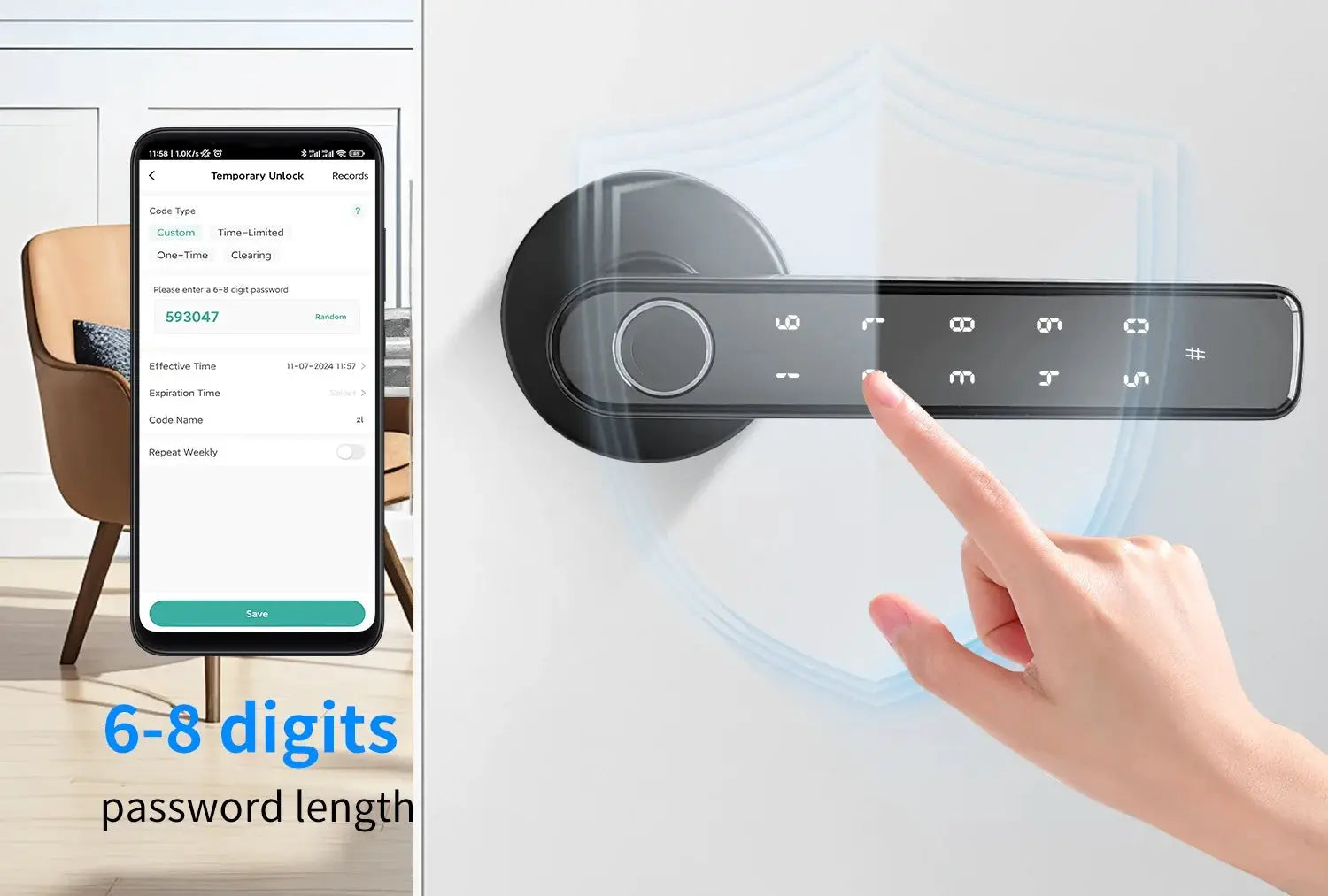 Tuya Bluetooth smart biometric door lock with fingerprint keypad (black finish) by Simples Market; app-controlled.