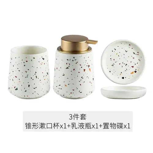 Simples Market European terrazzo ceramic bathroom set: emulsion bottle, gargle cup, soap dish (3-piece)