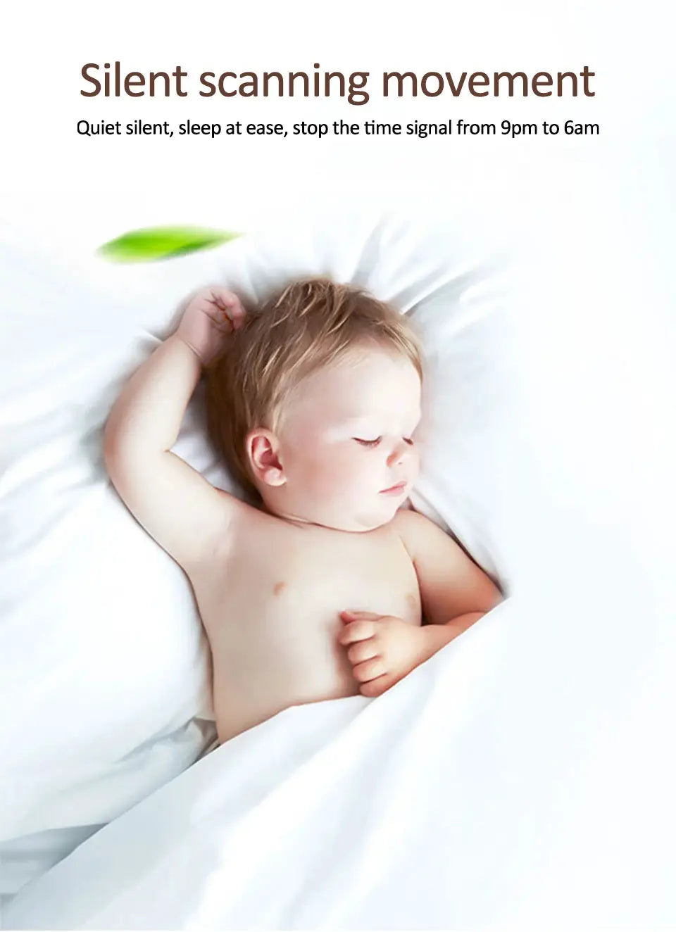 Clock ad by Simples Market: sleeping baby on white bedding with green leaf and silent movement text