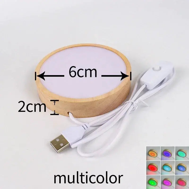 Round wooden LED night light base, 6 cm diameter, multicolor USB-powered display stand for crystals and glass balls.