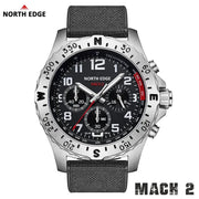 North Edge Mach 2 men's solar-powered quartz watch with stainless steel case, black dial, compass bezel, and dark strap