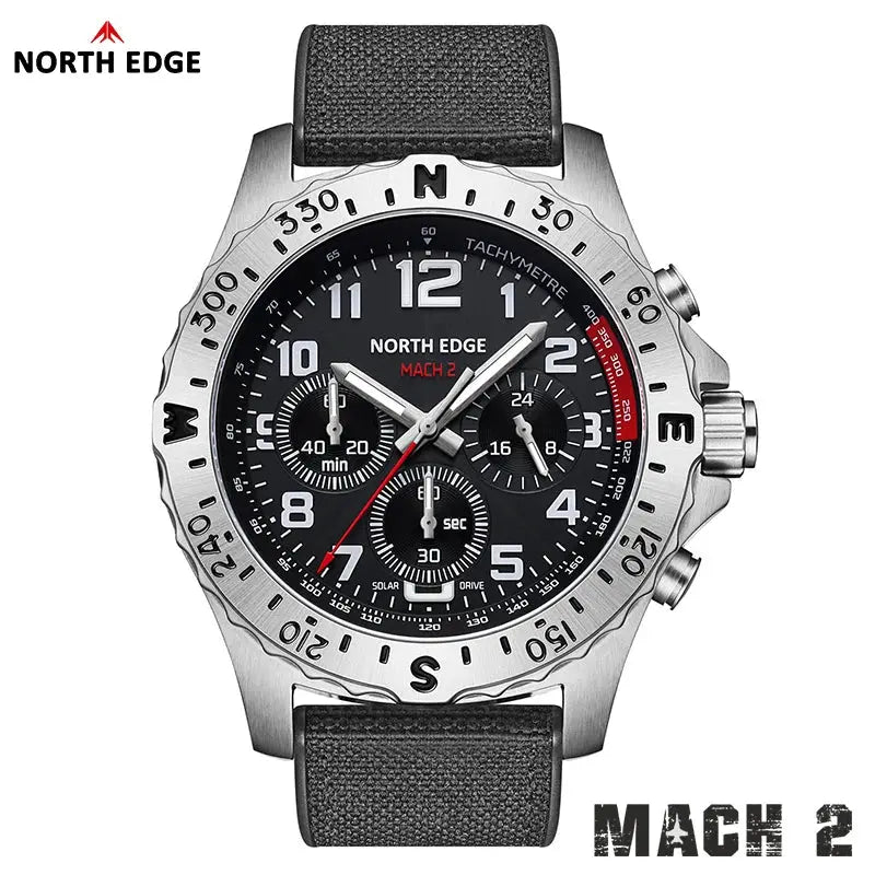 North Edge Mach 2 men's solar-powered quartz watch with stainless steel case, black dial, compass bezel, and dark strap