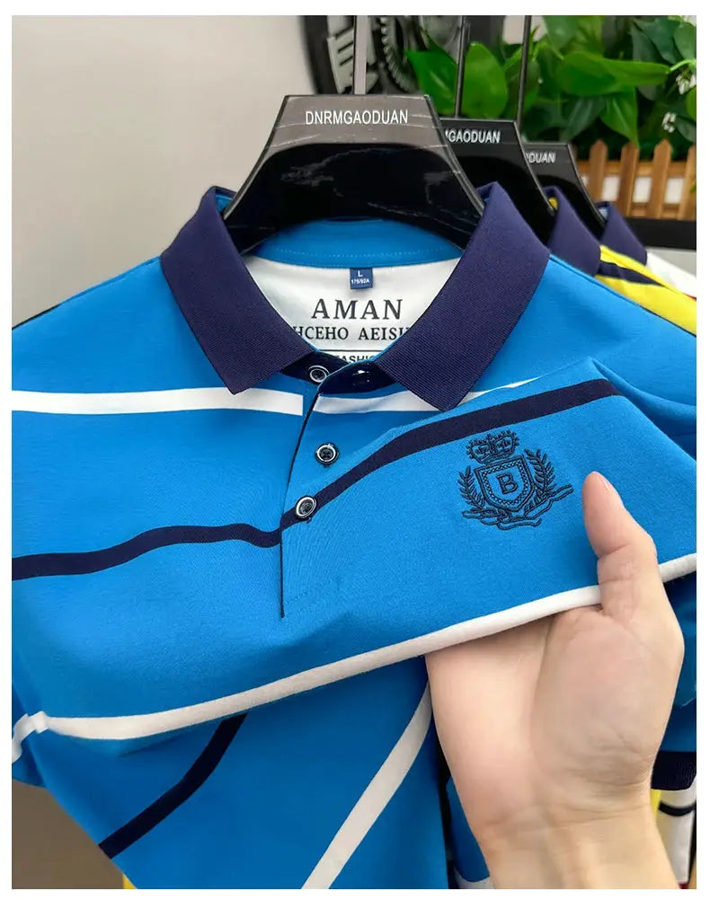 Men's blue striped polo shirt with navy collar and crest embroidery by Simples Market