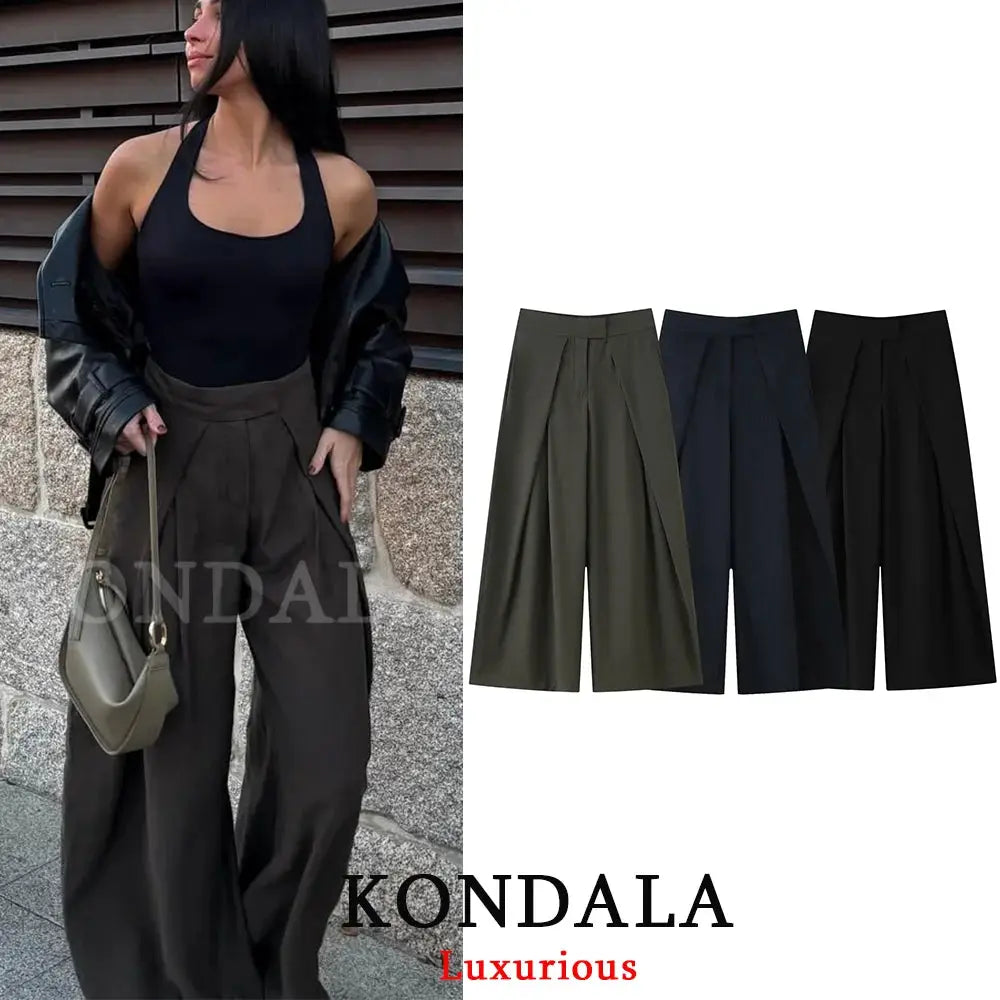 KONDALA Casual Chic Wide Leg Pants For Women High Waist Pleated Trousers With Pockets Office Lady