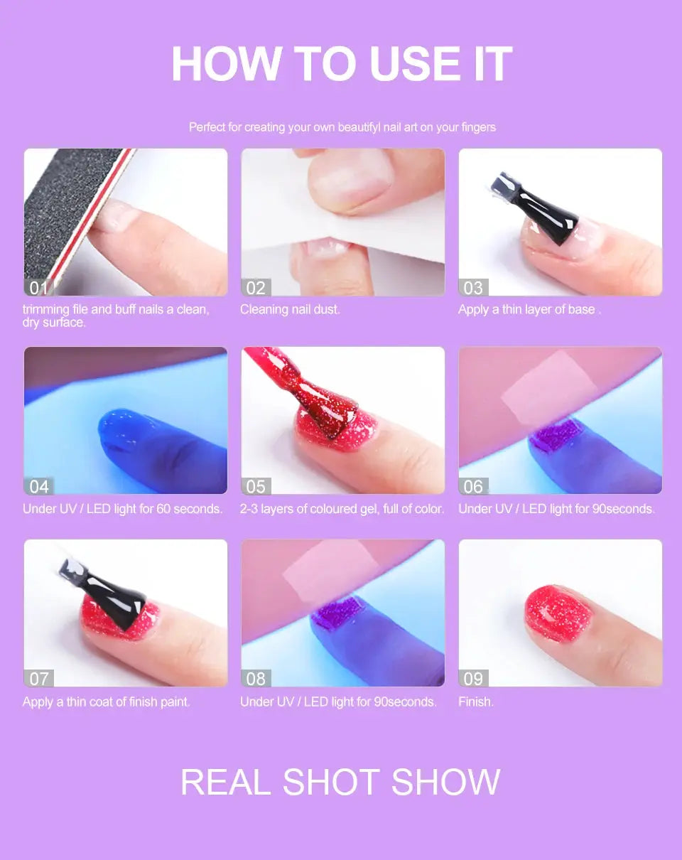 Limegirl gel nail polish set by Simples Market; purple how-to infographic with base coat, UV/LED cure, and finish.
