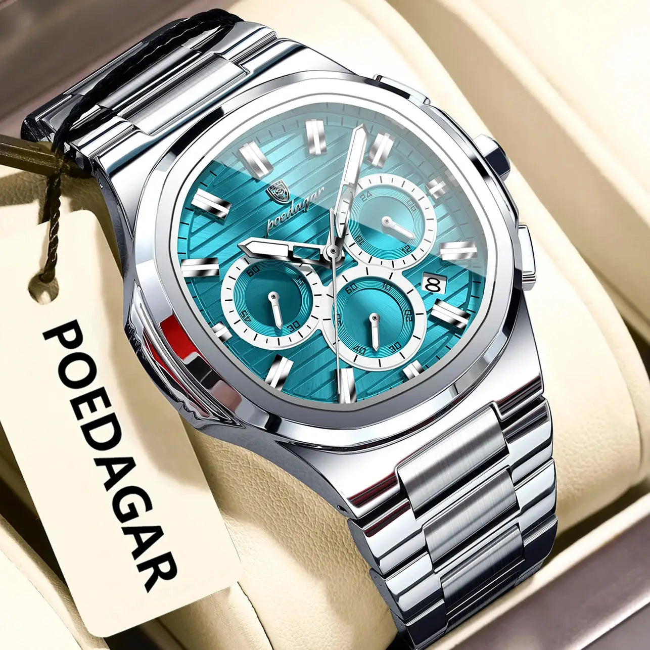 POEDAGAR men's stainless steel bracelet chronograph wristwatch with turquoise dial, date display, luminous markers
