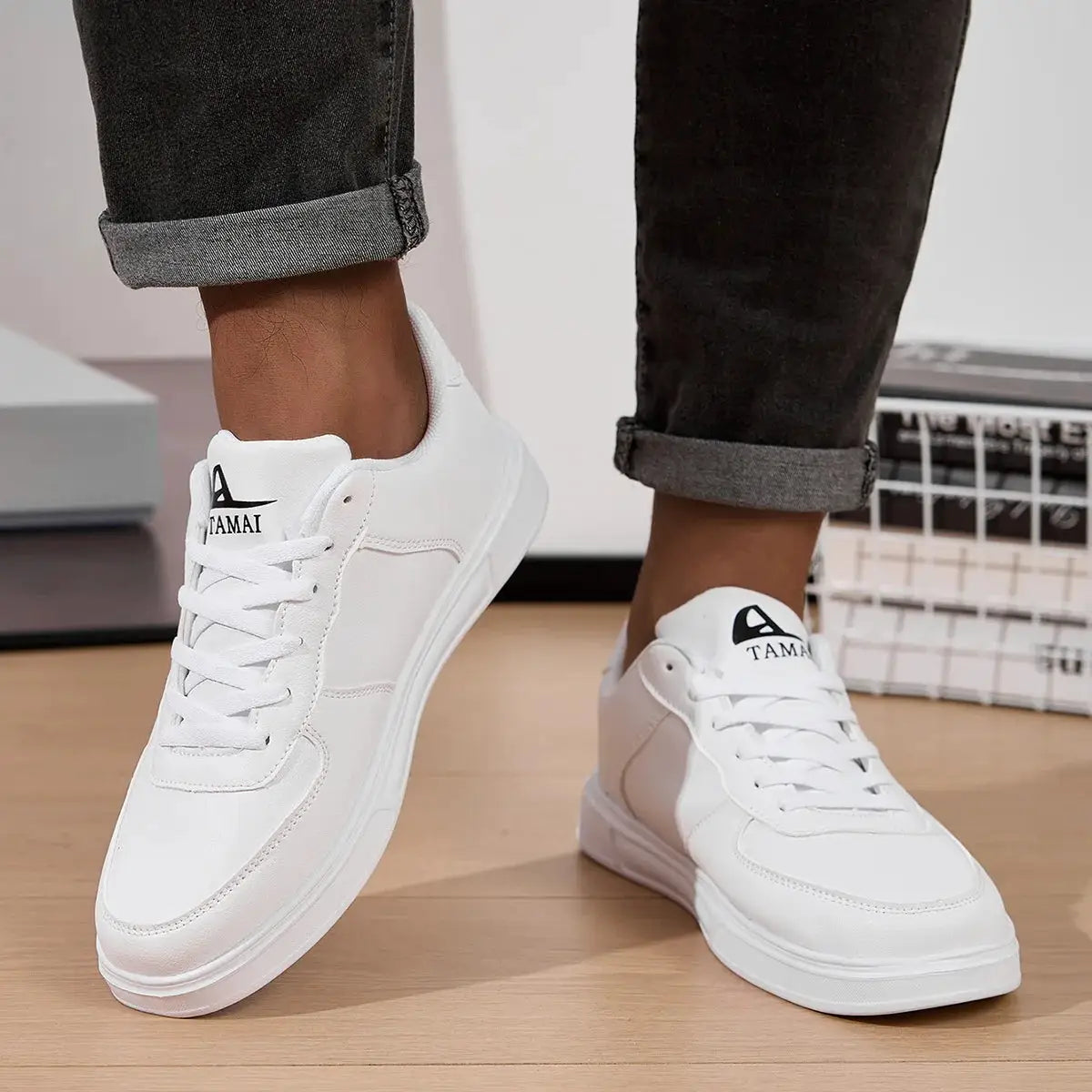 Pair of white leather sneakers for men by Simples Market, breathable casual skate shoes