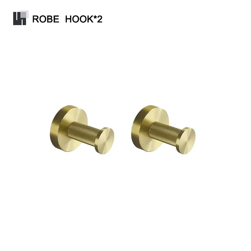 Robe hooks, two pieces, brushed gold knurled brass bathroom hardware