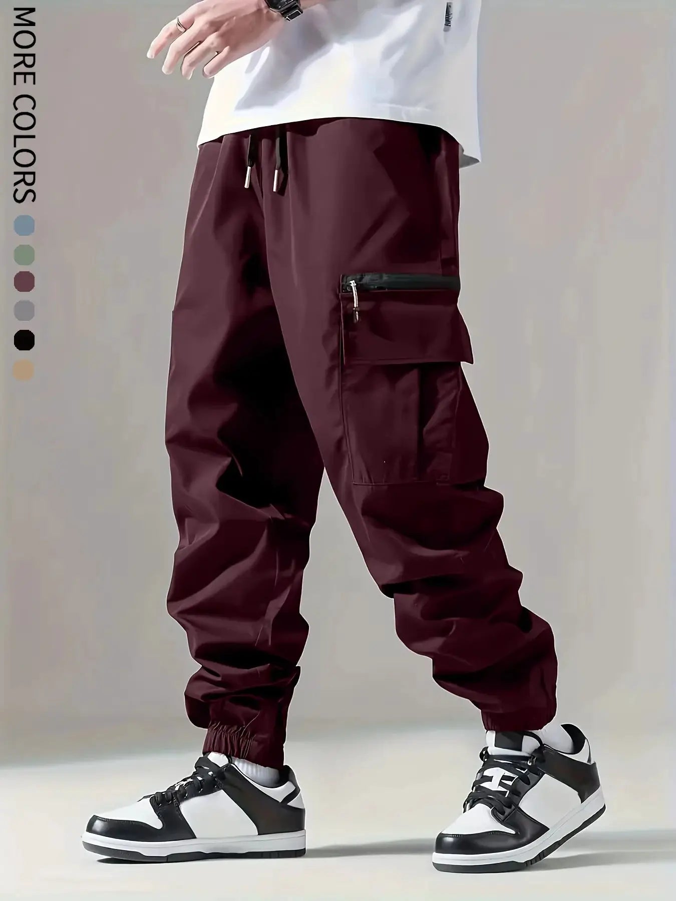 Simples Market men's cargo pants; burgundy lightweight outdoor trousers with drawstring waist and multiple pockets