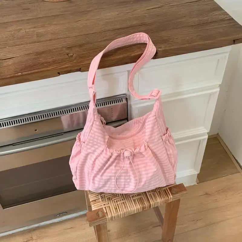 Korean nylon crossbody shoulder bag pink plaid with drawstring, pleated cloud tote