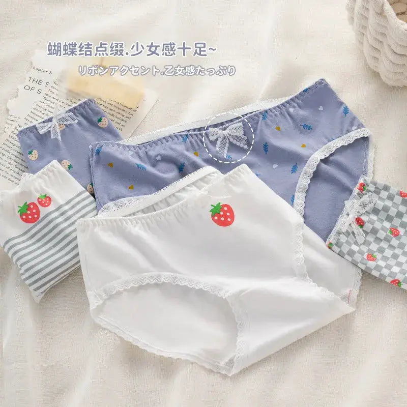 Simples Market 5-piece cotton panties set; mid-rise briefs with strawberry prints in white, blue lace-trim, checkered pattern.