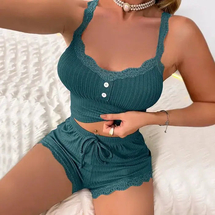LunaLuxe Spaghetti Strap Sleepwear Set For Women Summer Knit Pajama Set With Breathable Comfort
