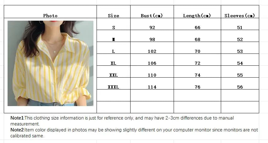 Women's yellow and white vertical-striped long-sleeve shirt, casual European style.