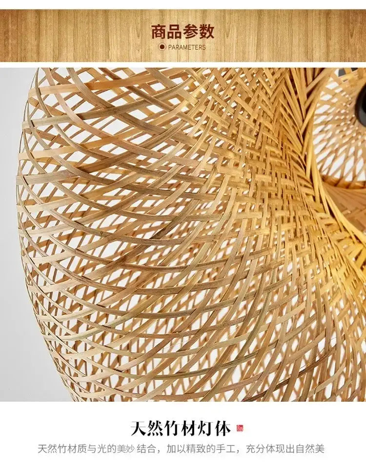 Bamboo weaving LED pendant light by Simples Market, handmade bamboo hanging chandelier for dining and living spaces