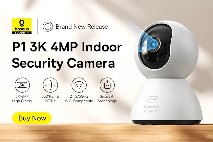 Baseus P1 3K 4MP indoor security camera, white spherical body with black lens.
