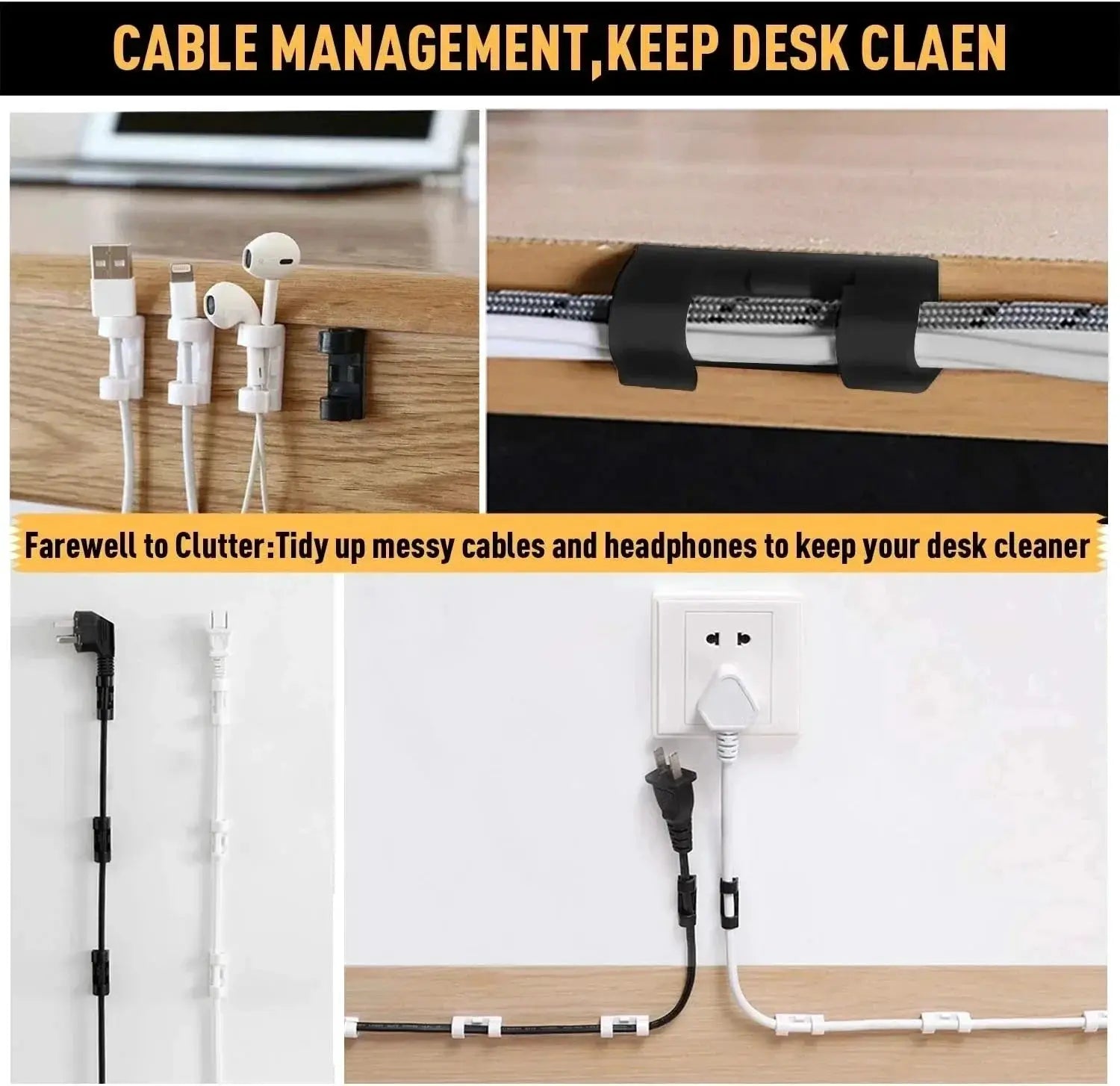 NeatCable Self Adhesive Cable Organizer Clips for Desk and Wall Mount to Manage PC Mouse USB Power Cords