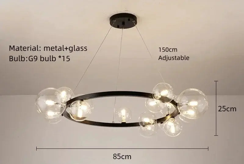 Simples Market circular indoor metal-glass chandelier with 15 G9 bulbs, 85cm ring diameter, adjustable 150cm cord