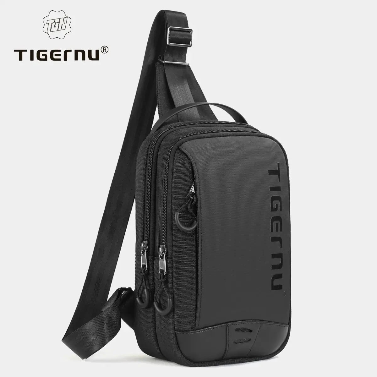 Tigernu chest bag for men, black crossbody with multiple zip pockets.