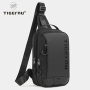 Tigernu chest bag for men, black crossbody with multiple zip pockets.