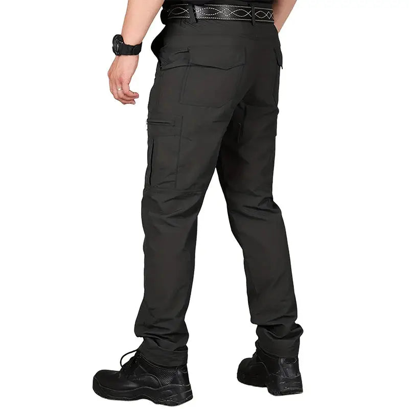 Simples Market men's cargo pants, black, quick-dry breathable long hiking trousers with multiple pockets.