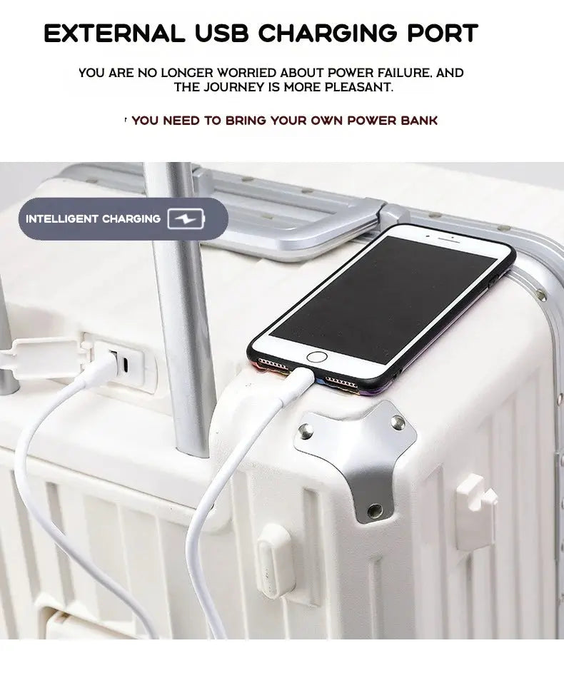 Simples Market luggage set with USB charging port; white carry-on suitcase.