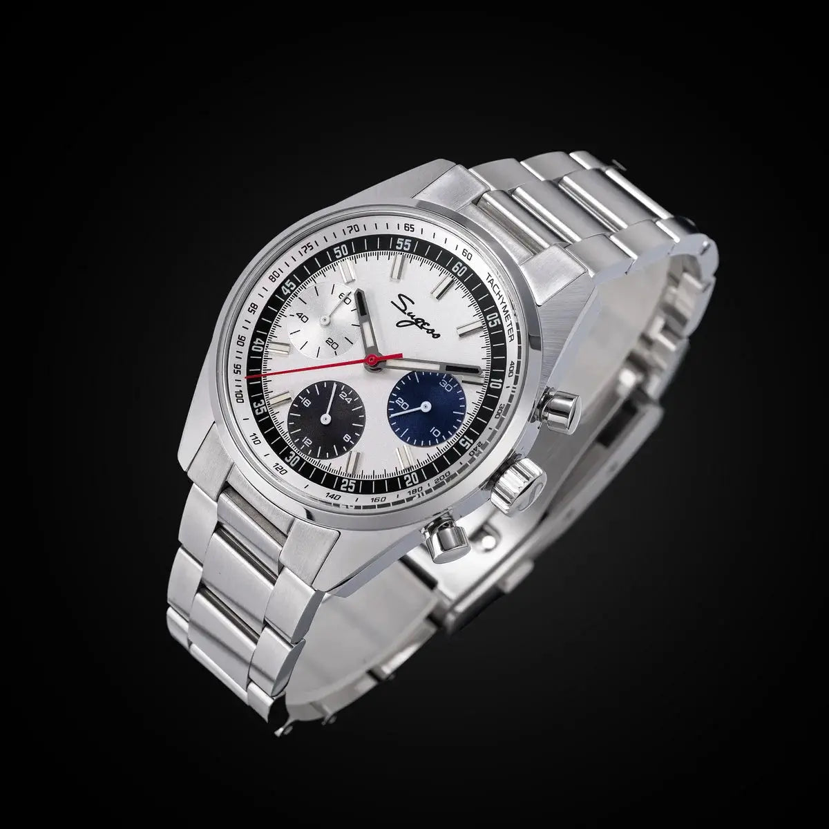 Sugess stainless steel chronograph wristwatch with sapphire crystal, white dial, black/blue subdials, and tachymeter bezel