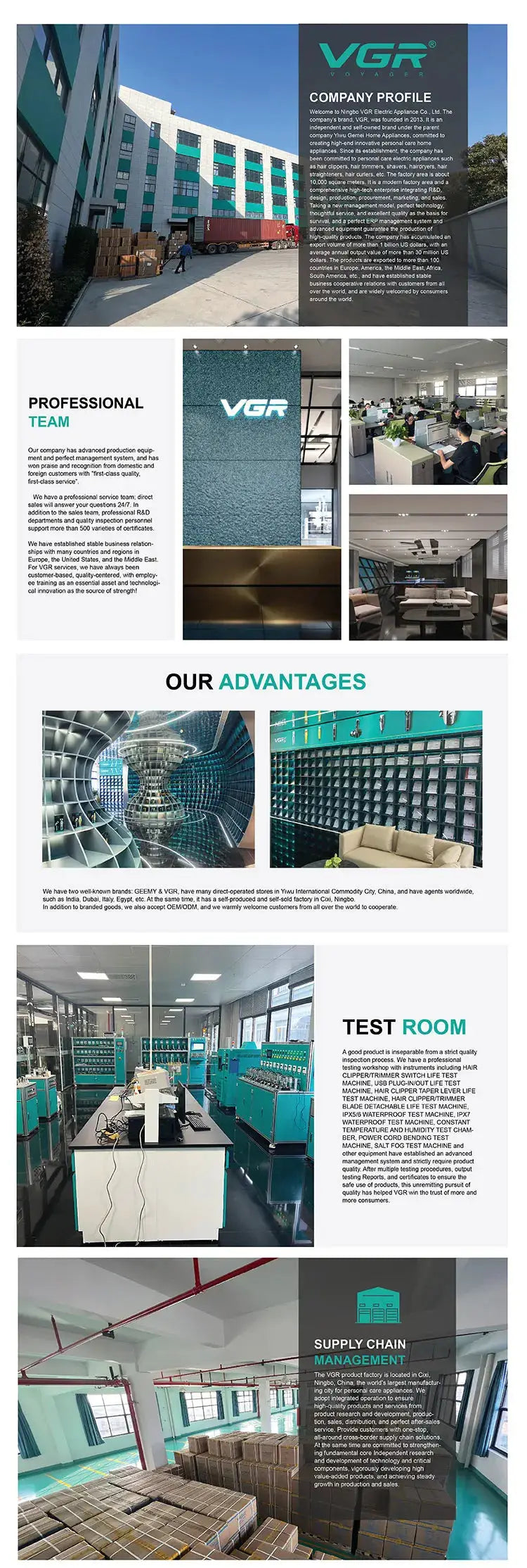 VGR 363 Razor Electric Shaver product brochure by Simples Market, showcasing factory, office spaces, and testing rooms.